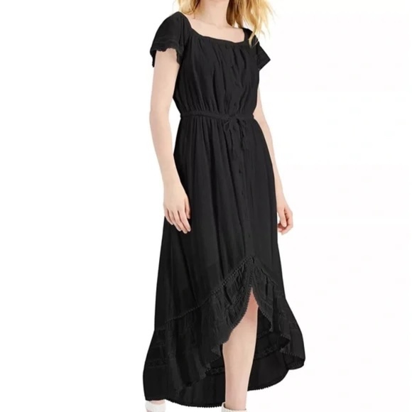 INC International Concepts Elegant High-Low Midi Peasant Black Boho Dress Large - Picture 1 of 13